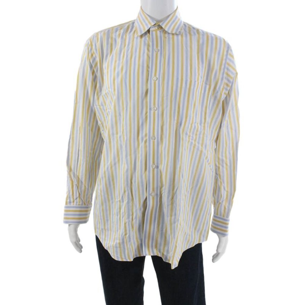 Paul Fredrick Mens Button Front Collared Striped Shirt White Blue Yellow 16.5